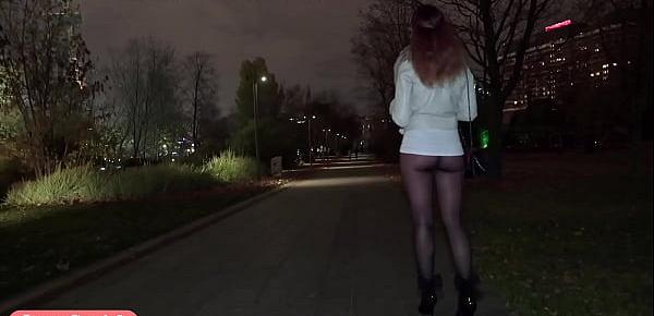  Deep Evening - Russian beauty Jeny Smith walks in public in transparent tights without panties. So you can see the pussy